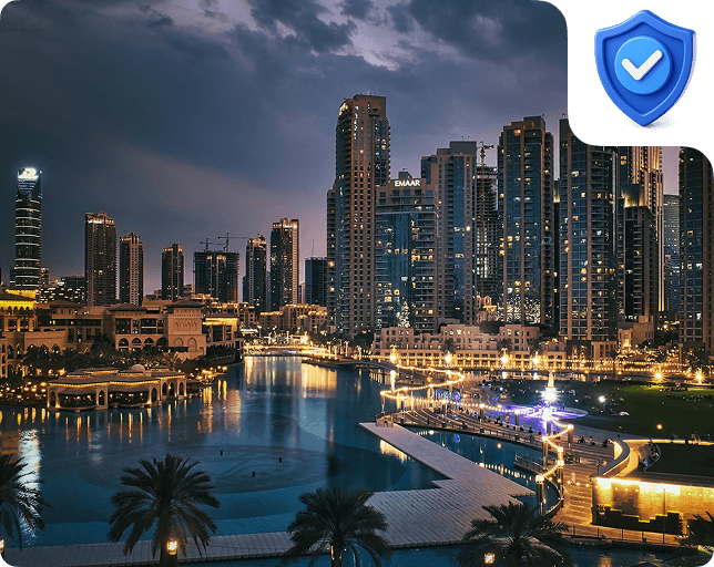 Dubai skyline at night from the waterfront