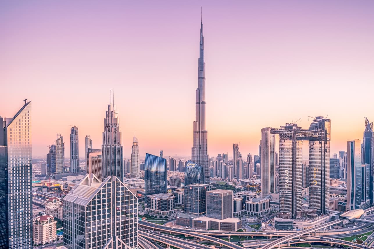Dubai Skyline including Burj Khalifa at sunset